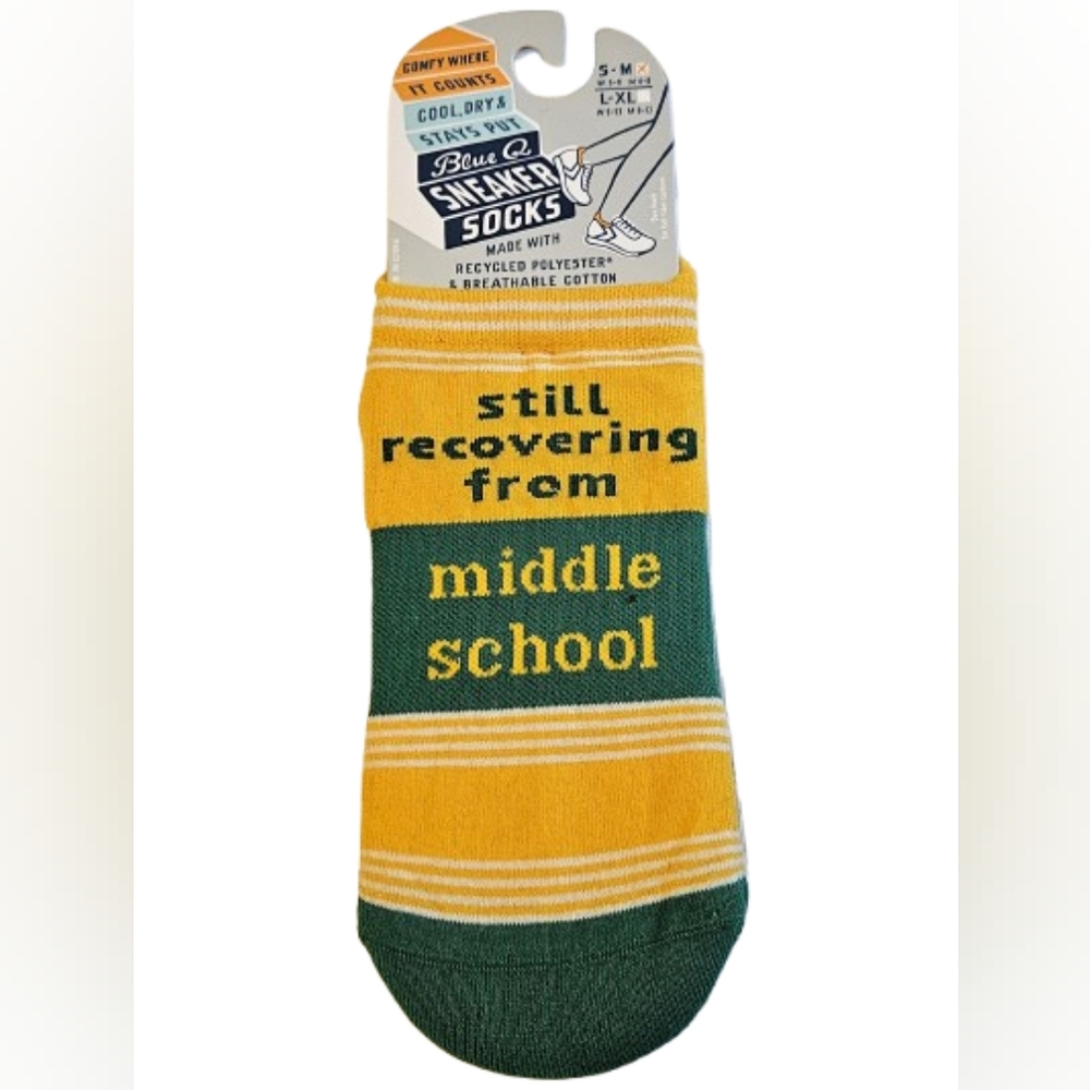 Blue Q Sneaker Socks "Still Recovering from Middle School" Green/Yellow S/M